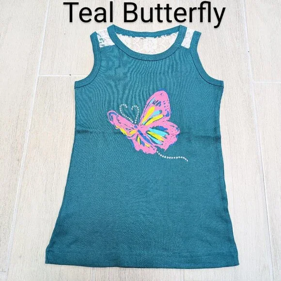 Girls Printed Cute Ribbed Cotton Blend Tank Top With Netted Back ,Soft and comfy - Picture 1 of 3